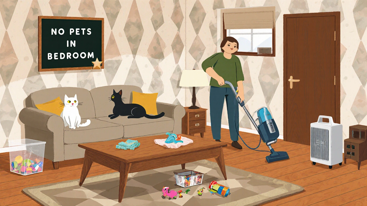 A person vacuuming with a HEPA filter while keeping a cat out of the bedroom in a clean, retro-style home.