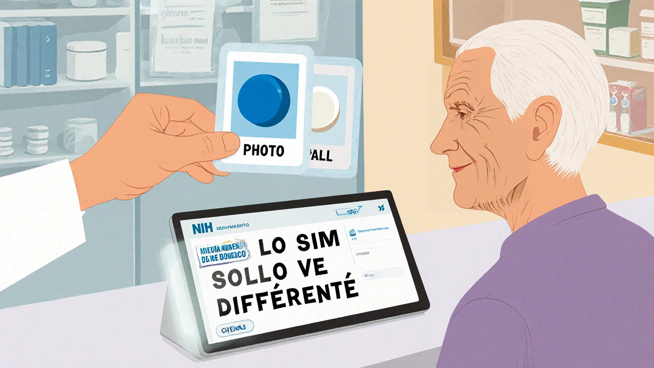 A pharmacist gives a patient a photo card comparing brand and generic pills with a reassuring message in Spanish.