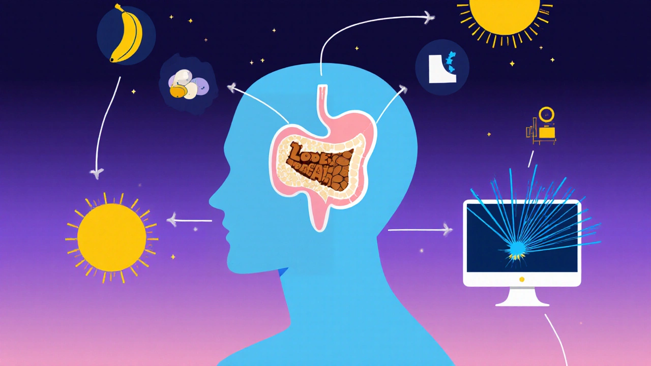 A stylized human body showing the pathway from food to melatonin production in the brain, interrupted by digital light.