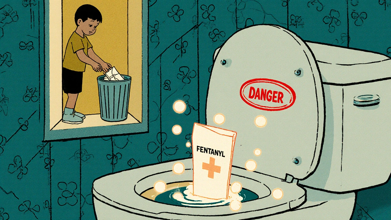 A used fentanyl patch being flushed down a toilet, while another lies exposed in a trash can.