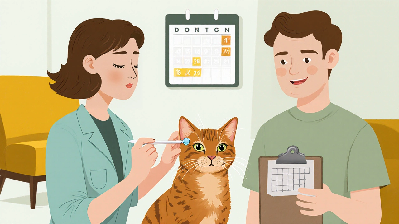 A vet applying methimazole gel to a cat&#039;s ear while the owner observes with a clipboard.
