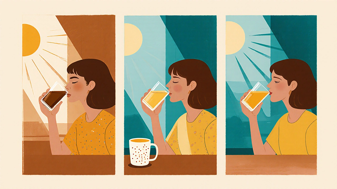 A woman sipping water throughout the day, with changing urine color and a smart cup tracking hydration.
