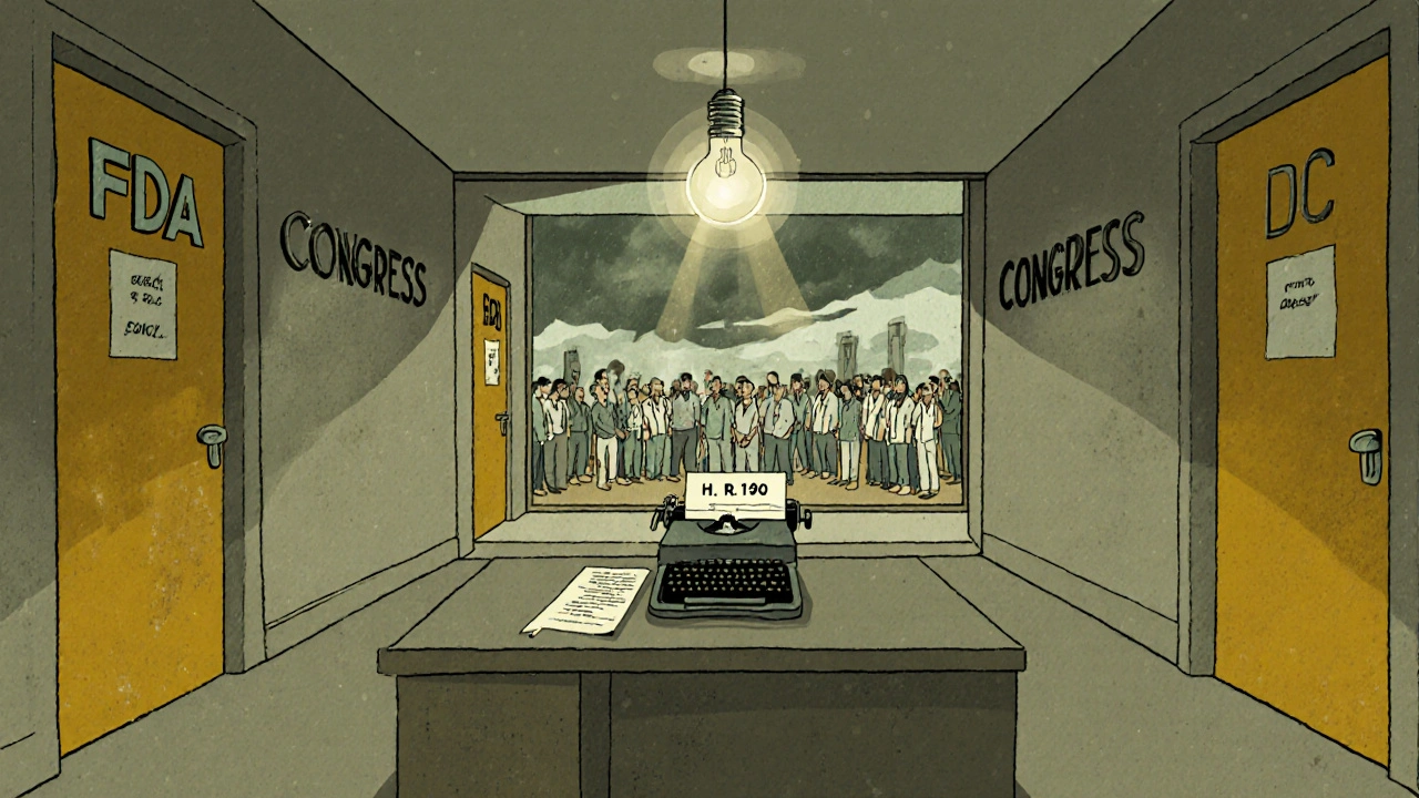 Abandoned government hallway with a half-written bill on a typewriter and padlocked doors.