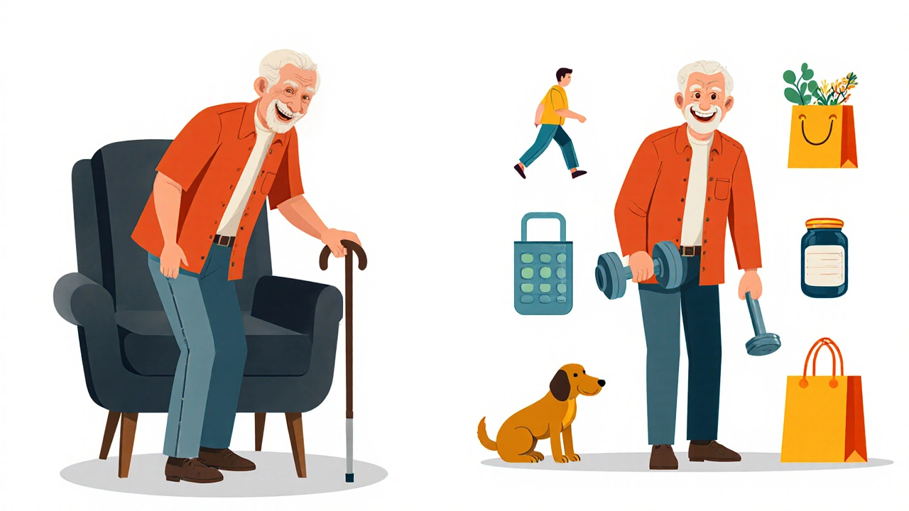 Before and after illustration of an older man gaining strength and independence