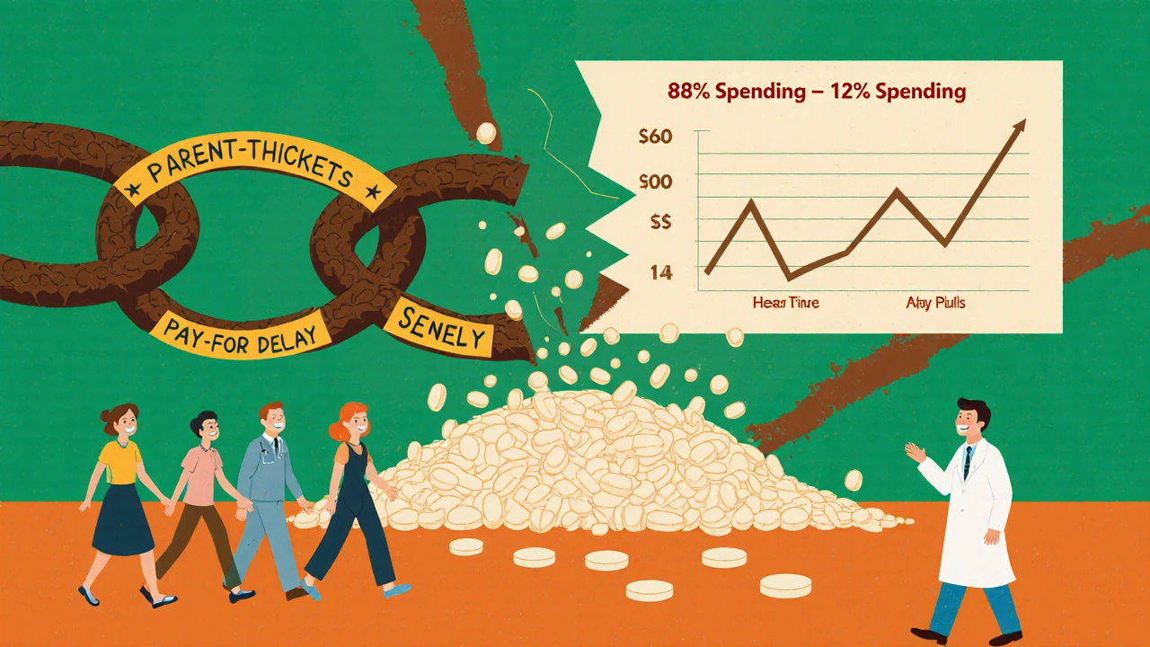 Broken patent chains releasing generic pills into a healthcare system, with a savings graph in retro style.