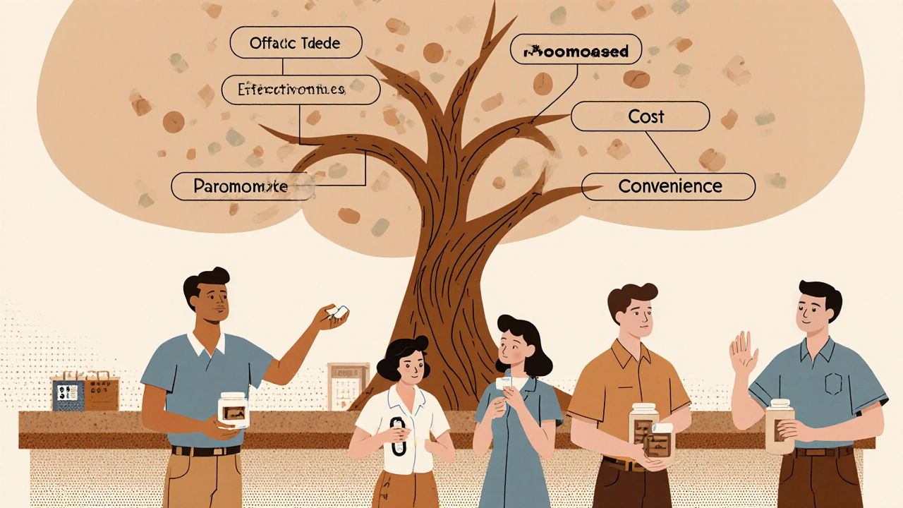 Diverse patients at a pharmacy counter choosing treatments, with a decision tree growing behind them.