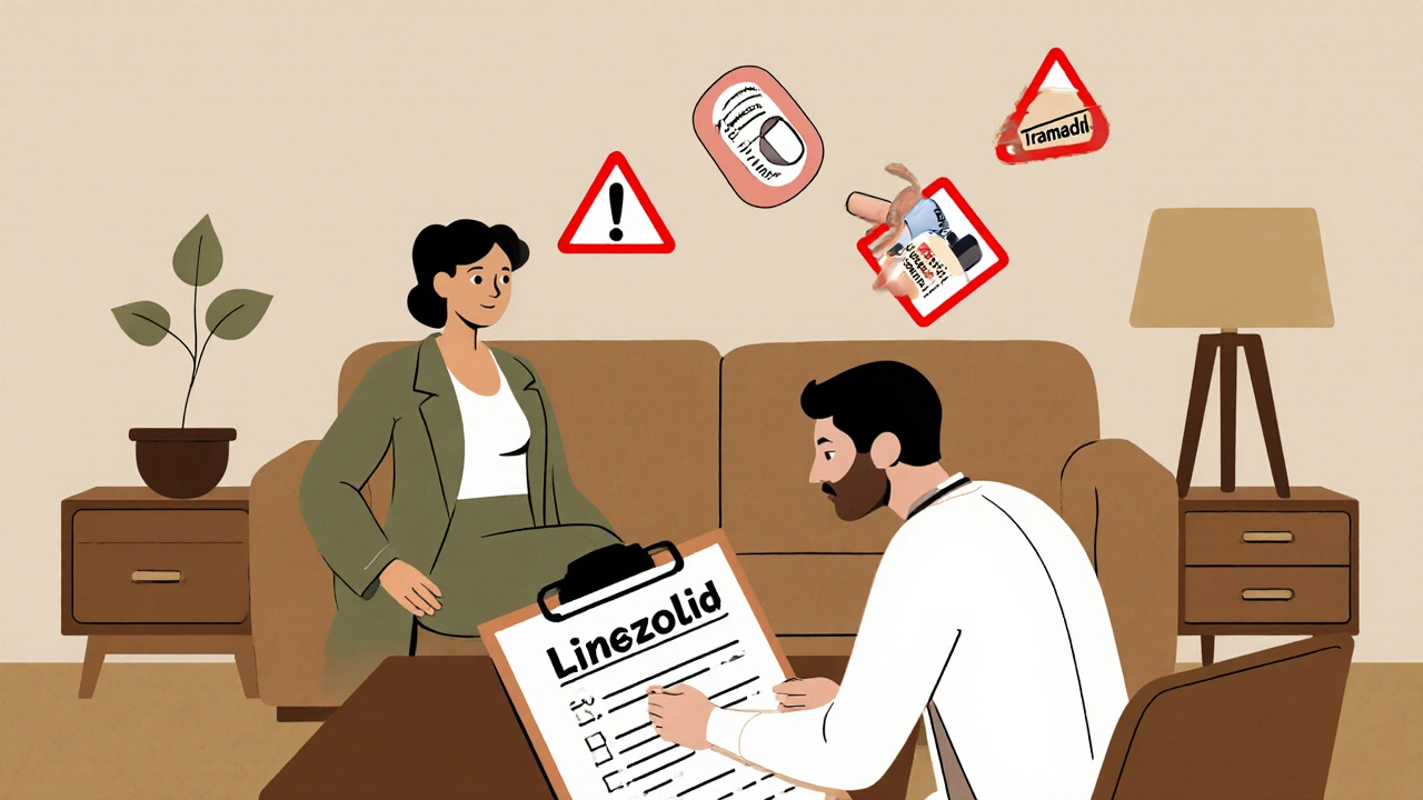 Doctor and patient in a 1960s-style room with floating medication icons showing low interaction risk.