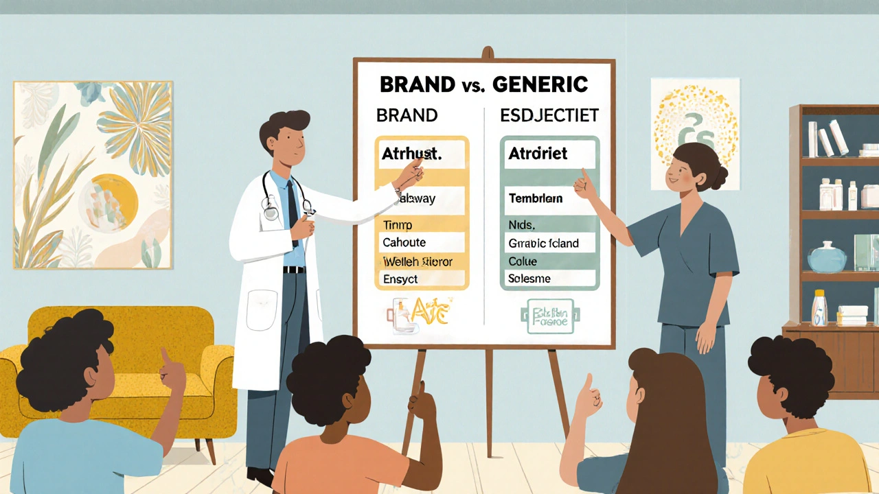 Doctor and pharmacist showing patients a visual comparison of medication labels.