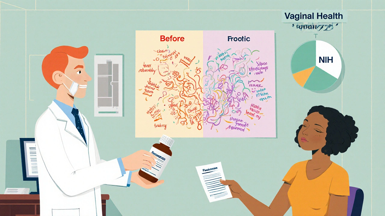 Doctor giving prescription for yeast infection treatment with a microbiome chart showing restored balance in mid-century style.
