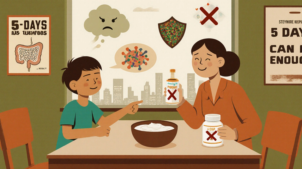 Family at dinner with probiotic yogurt and a prescription marked &#039;no&#039;