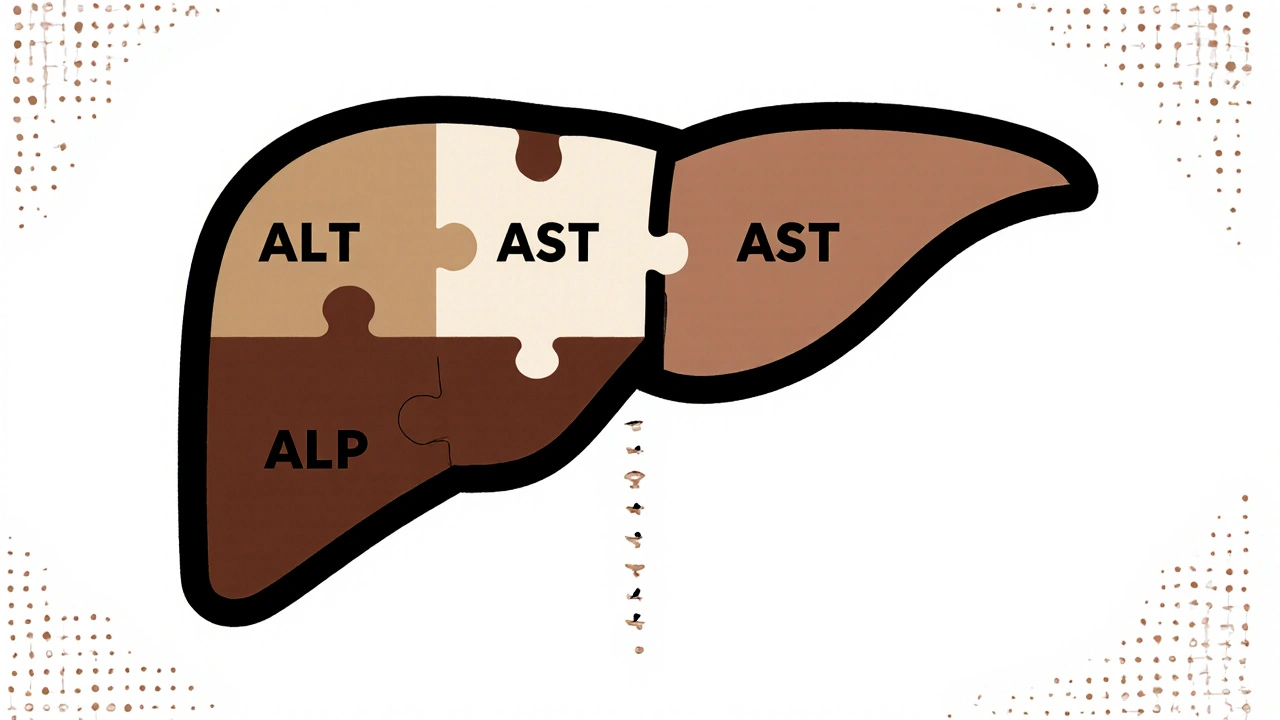 Four puzzle pieces labeled with liver test markers fitting together over a liver shape