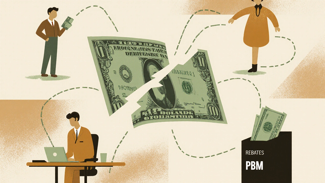 Fragmented dollar bill showing invisible money paths to factory, PBM, and black box rebates in minimalist mid-century art.