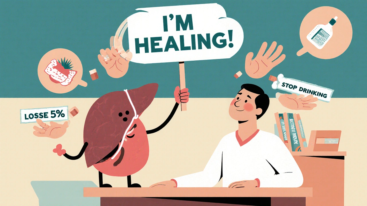 Friendly cartoon liver holding a healing sign while unhealthy habits are pushed away