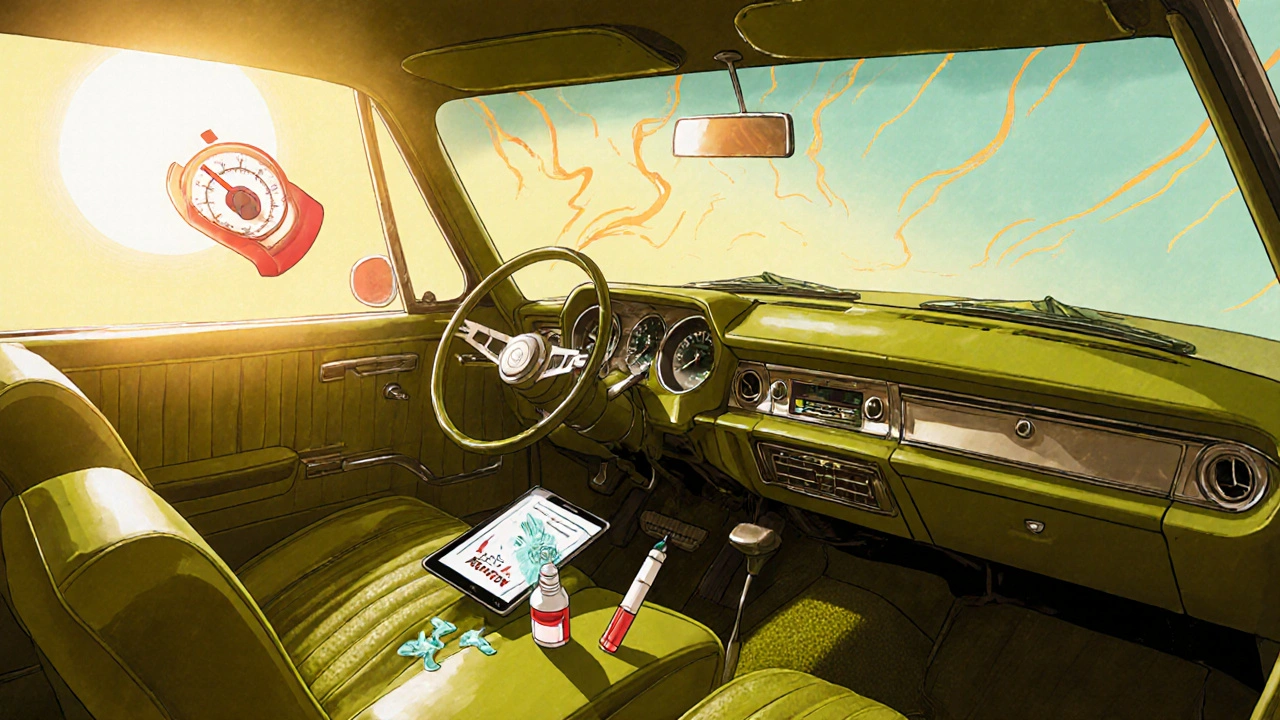 Medications melting on a hot car dashboard under intense sunlight, vintage illustration style.
