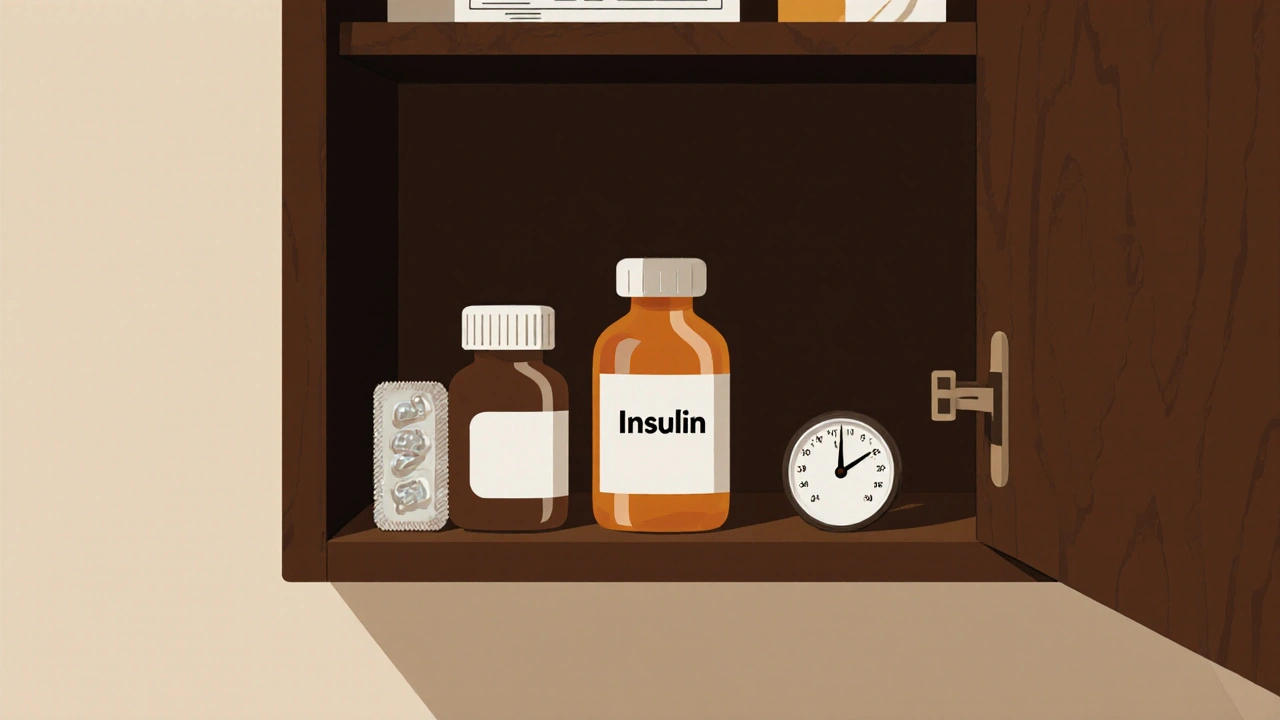 Medicine bottles safely stored in a dark wooden cabinet with a cool thermometer, mid-century design.