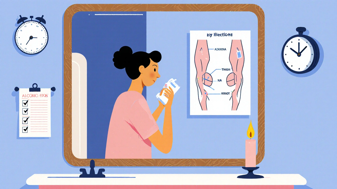 Patient preparing injection site in a retro-style bathroom with site diagram and ritual candle.