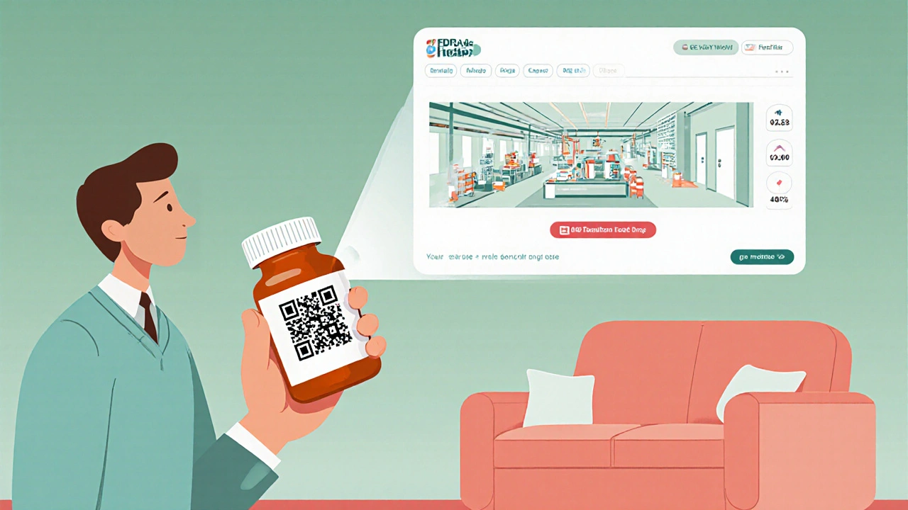 Patient scanning pill bottle QR code to see FDA verification details.