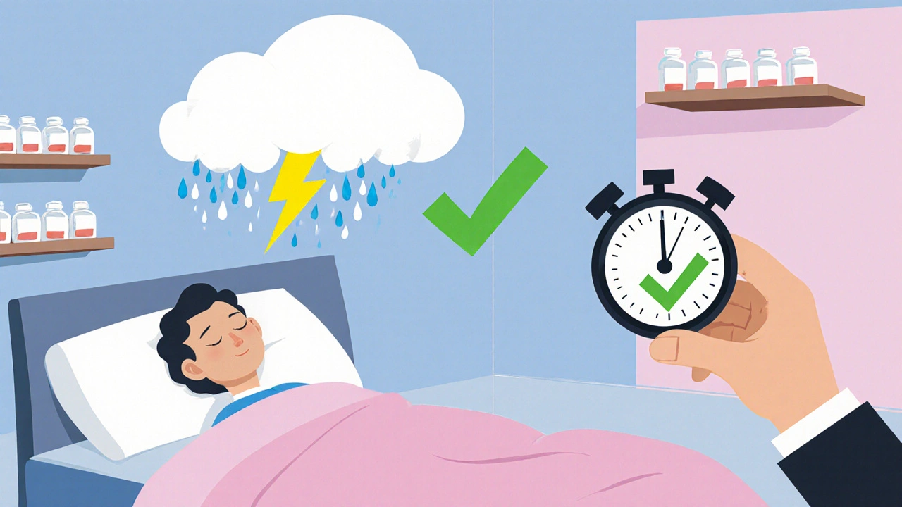 Patient sleeping peacefully as a serotonin storm is blocked by a monitoring symbol.