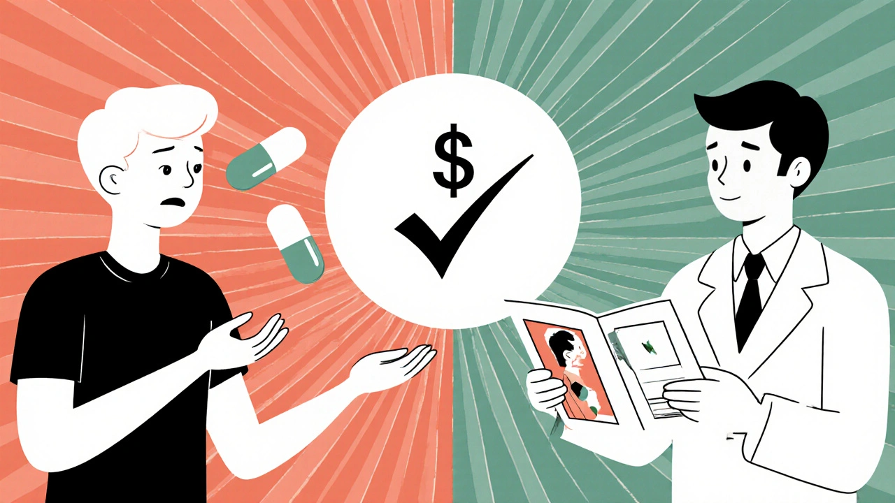 Patient transitioning from confusion to confidence after learning generic pills are the same medicine.