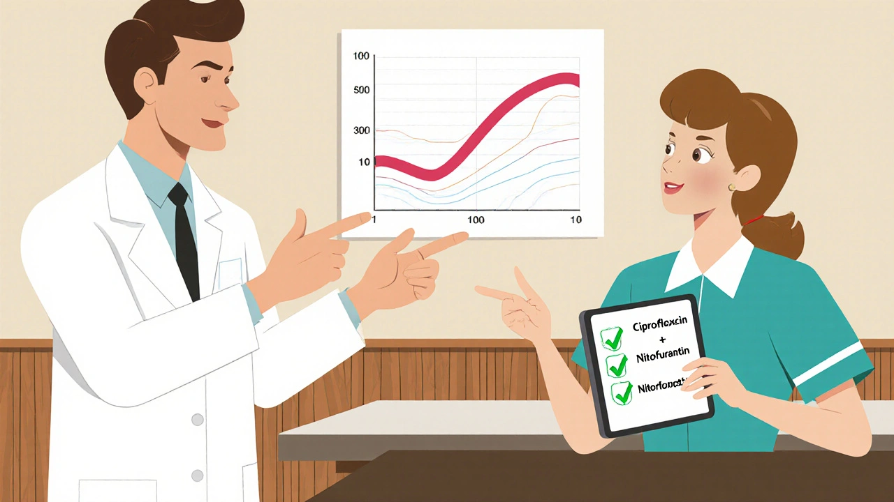 Pharmacist and doctor discussing antibiotic options at a hospital station