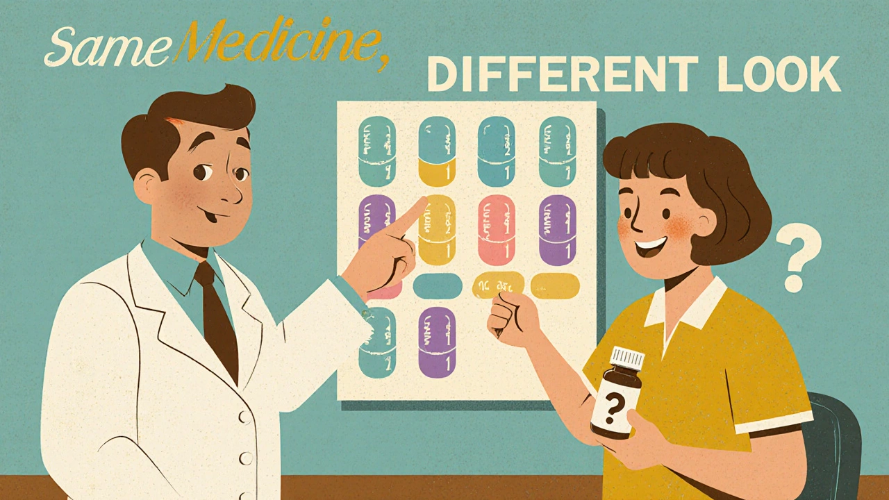 Pharmacist explaining pill appearance differences using a colorful chart in a 1960s-style pharmacy.