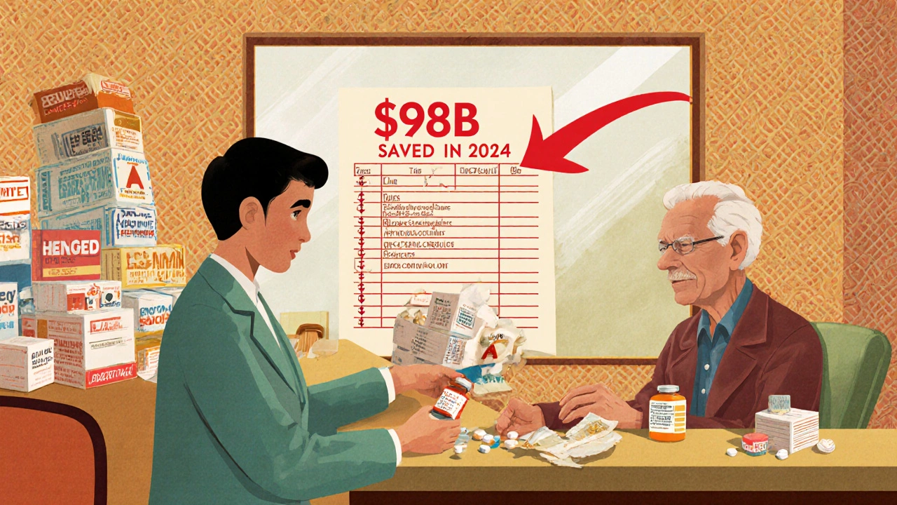 Pharmacist giving a generic pill bottle to an elderly patient, with a savings ledger in the background.