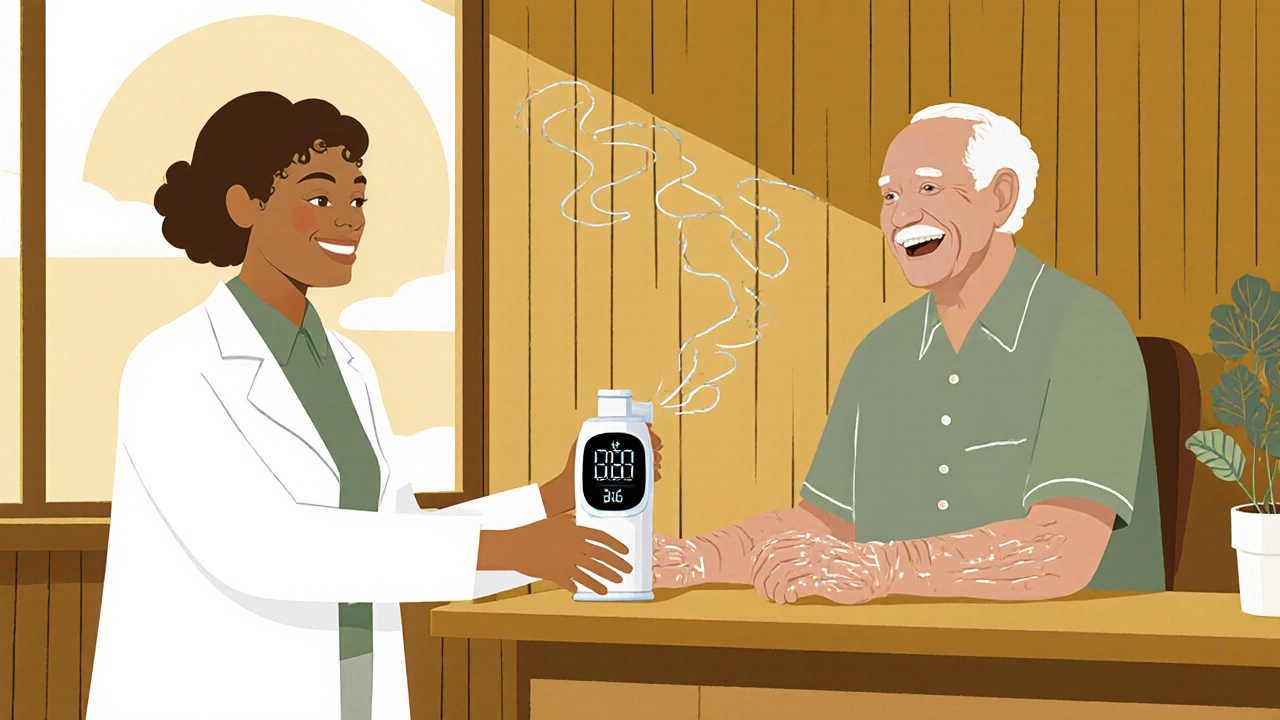 Pharmacist giving spacer to elderly patient in mid-century clinic, smart inhaler visible on counter.