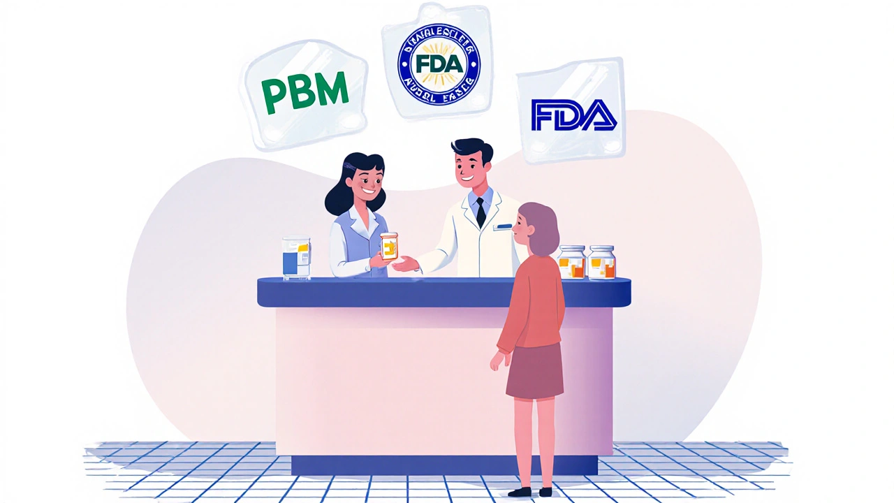Pharmacist handing a pill bottle to a customer with hidden PBM and FDA icons floating above in retro style.