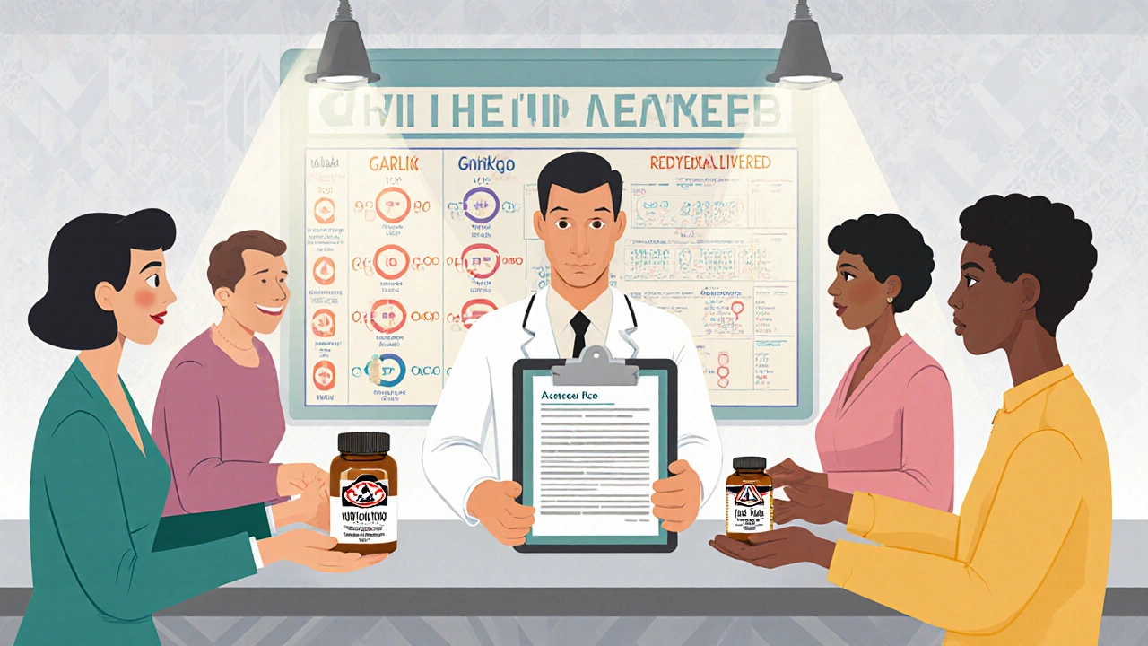 Pharmacist reviewing supplements from patients, wall chart showing vitamin K and liver enzymes.