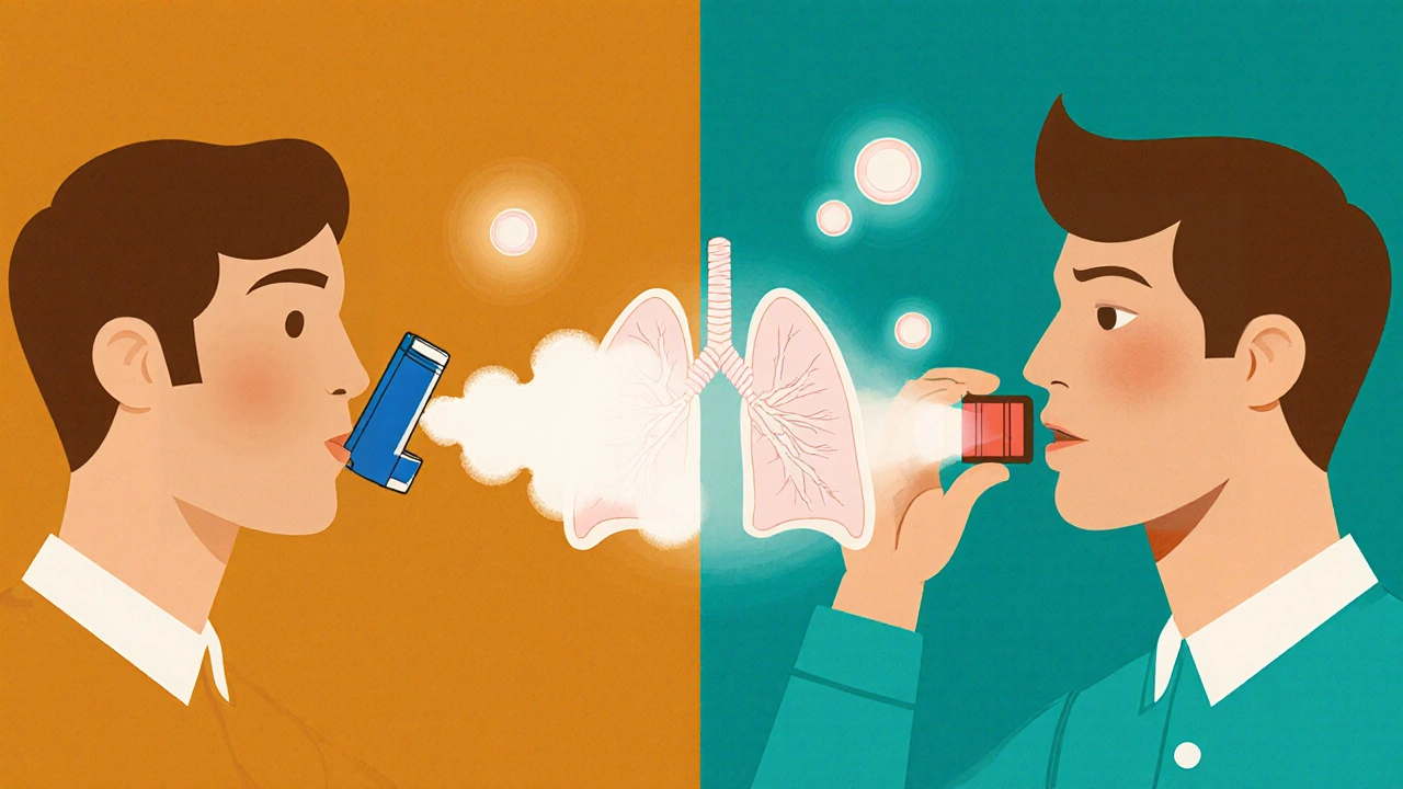 Side-by-side: incorrect inhaler use vs. proper use with spacer, medicine reaching lungs effectively.
