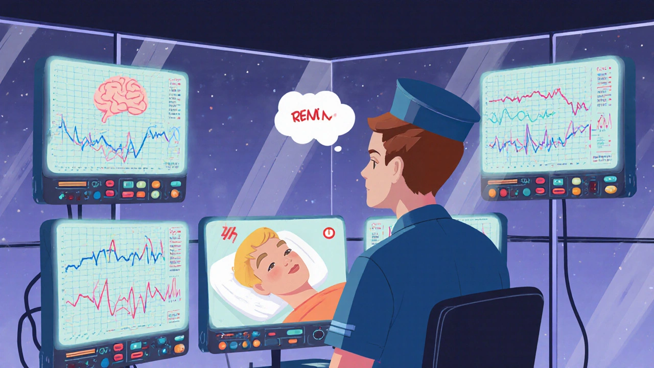 Sleep technologist watching waveforms on monitors in a retro control room, dream bubble visible.