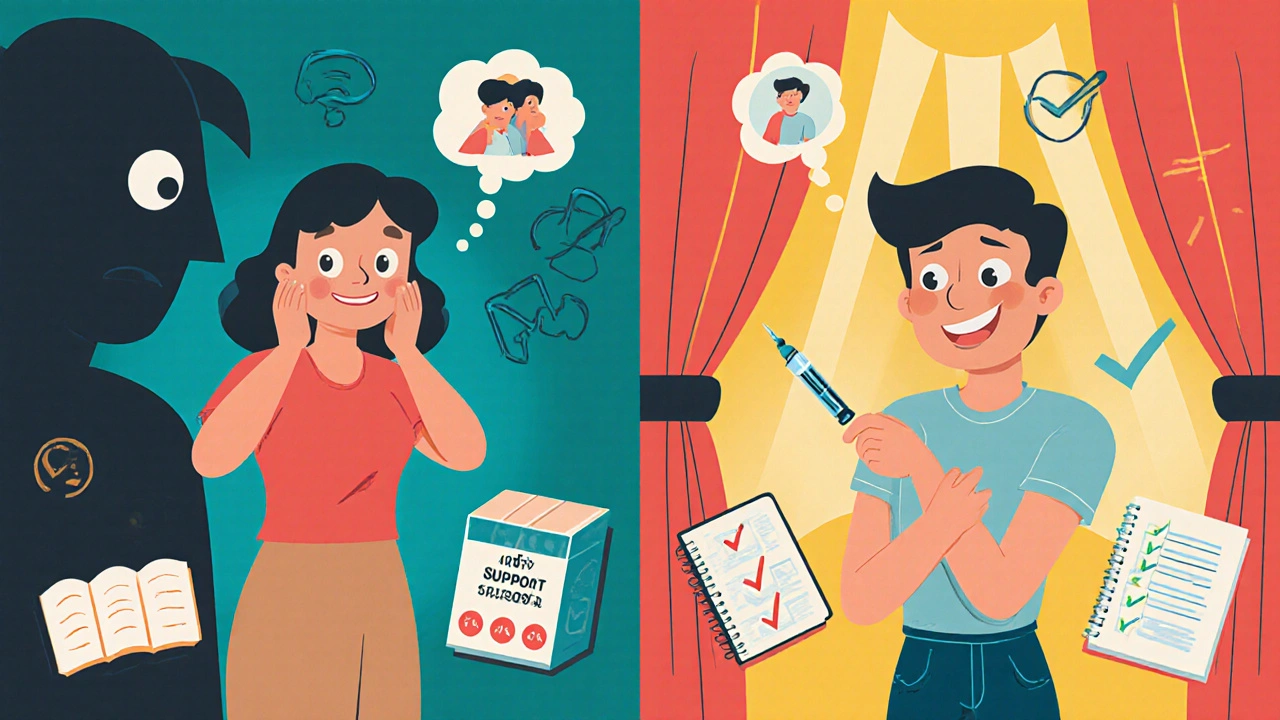 Split illustration showing anxiety vs confidence in home injection, with support icons and sunlight.