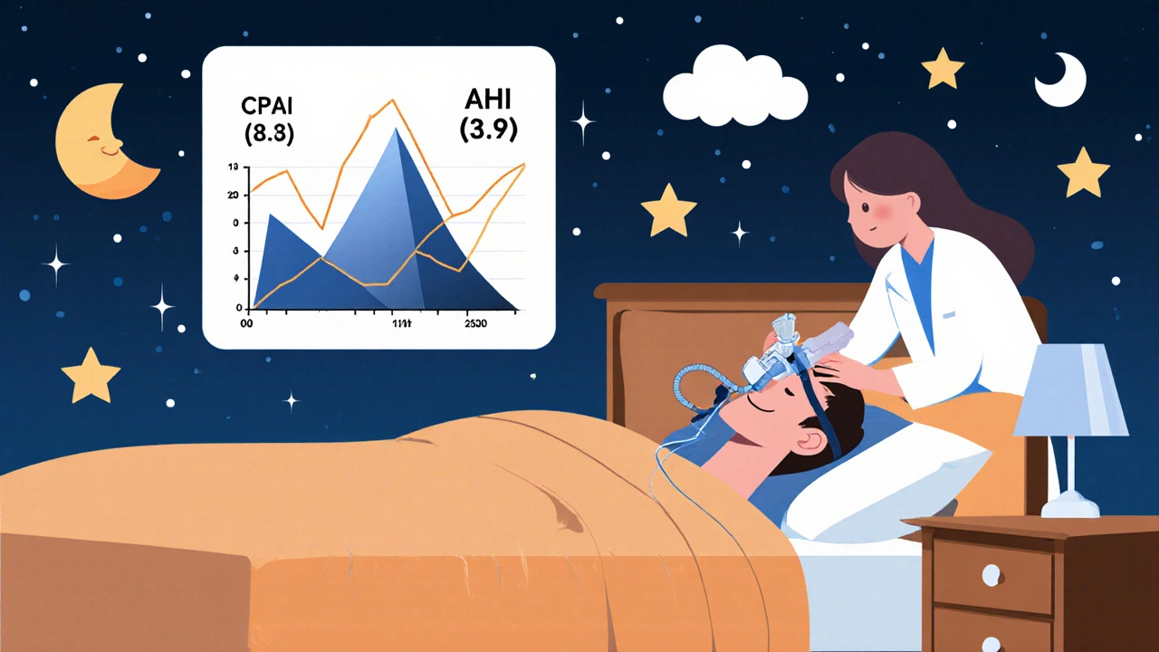 Split-night sleep study showing CPAP mask being applied as oxygen levels improve on a stylized graph.