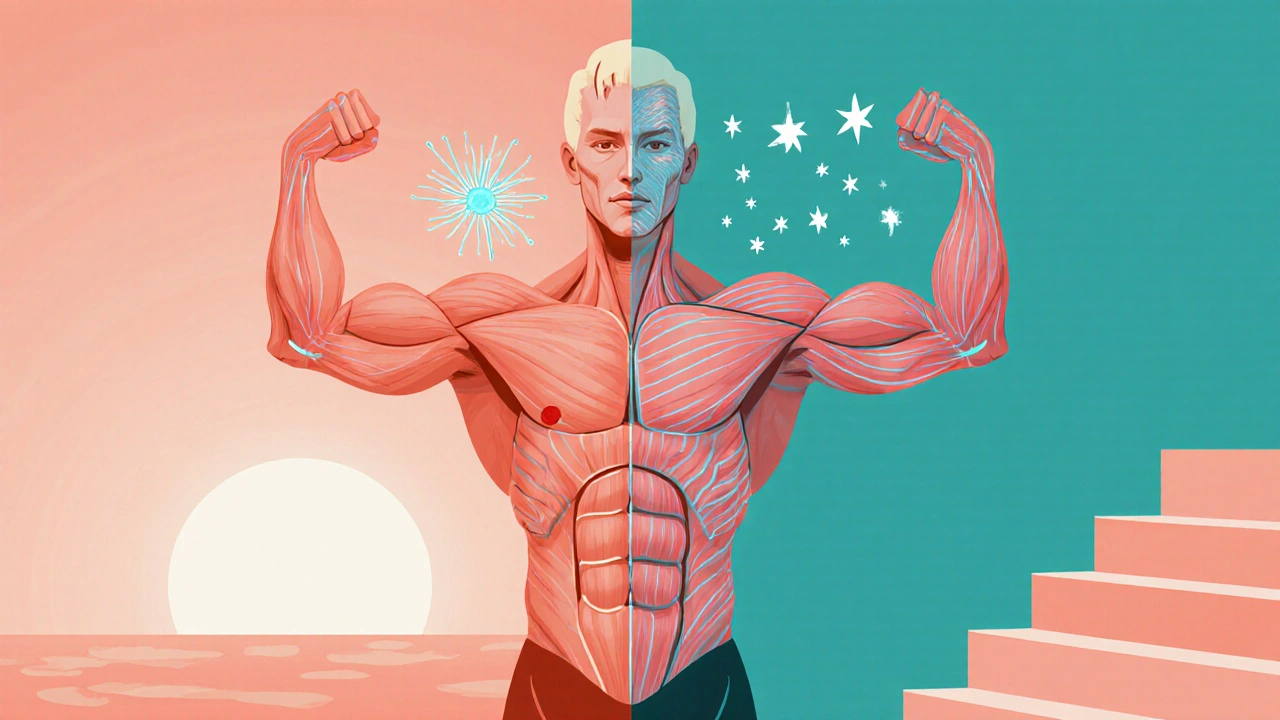 Stylized diagram showing muscle regeneration through resistance training with glowing neurons