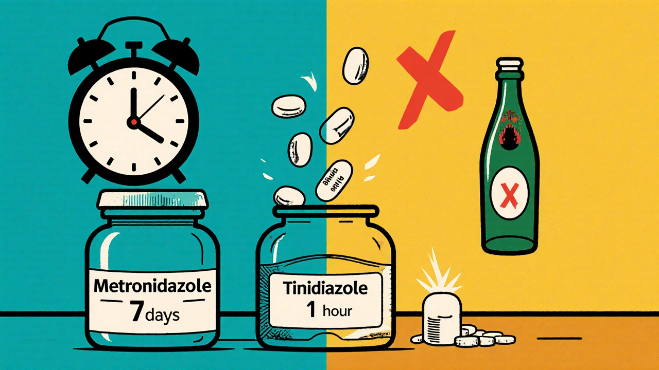 Three pill bottles compared with a clock showing treatment duration differences in retro illustration style.
