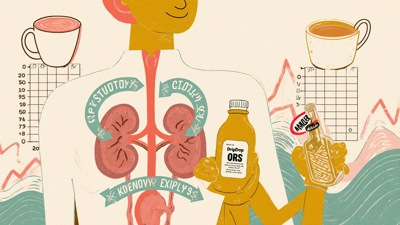 Transparent human body showing electrolyte flow, avoiding alcohol and caffeine, with a hydration chart in background.
