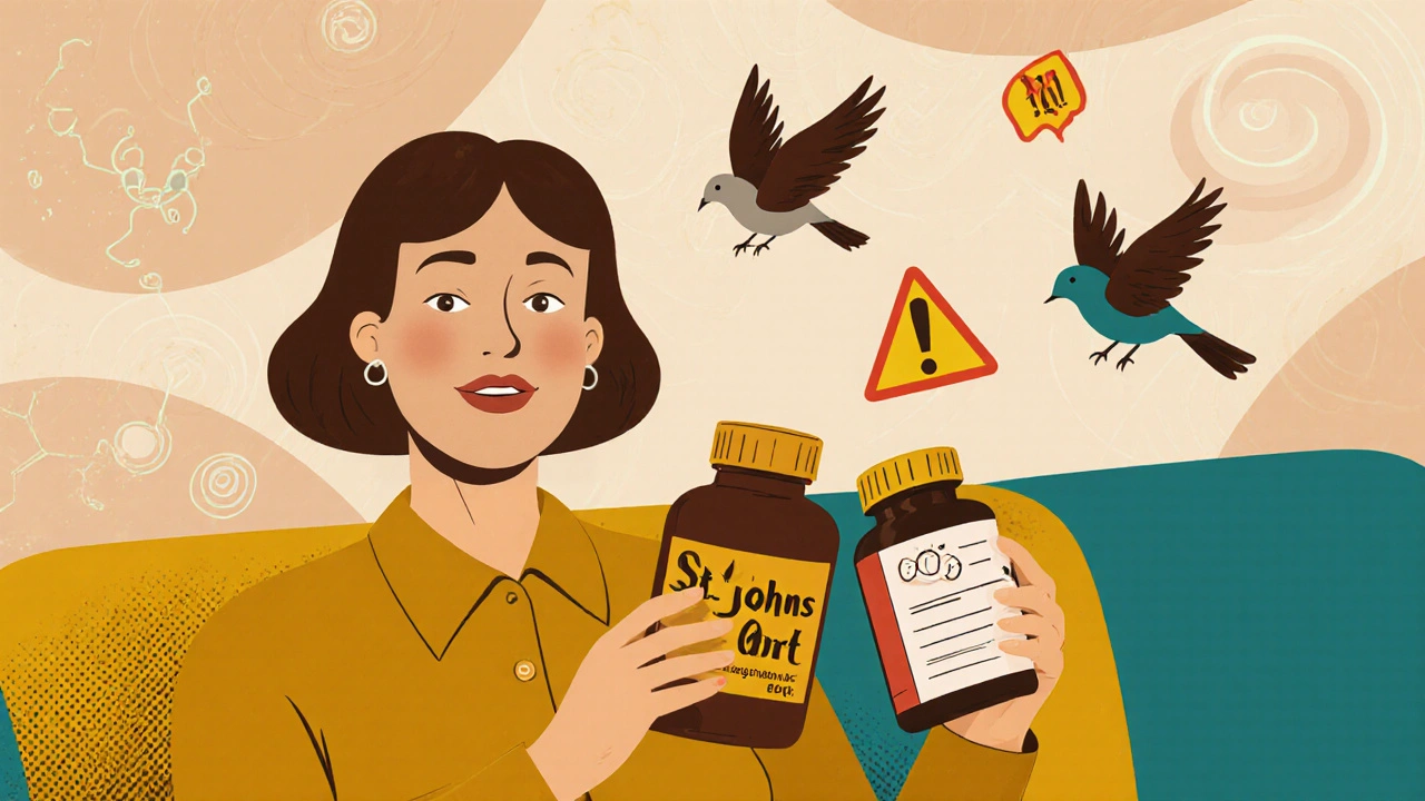 Woman surrounded by floating prescription bottles and St. John’s wort, abstract enzyme symbols in background.