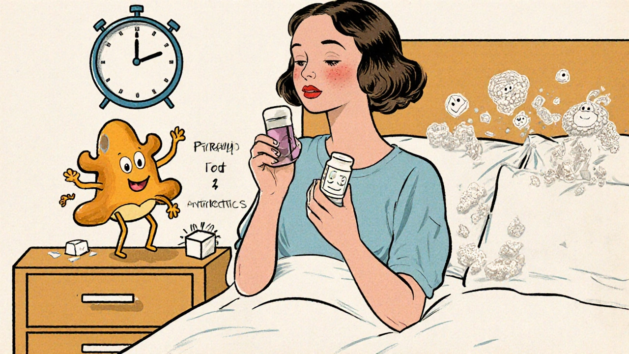 Woman taking probiotics and antifungal cream with cotton underwear nearby, yeast fungus being pushed away by friendly bacteria.