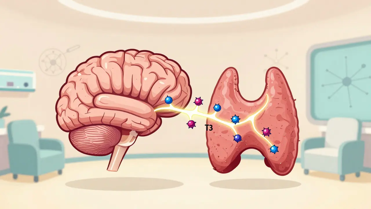 A brain and thyroid connected by a pathway blocked by cytokine molecules in mid-century style.