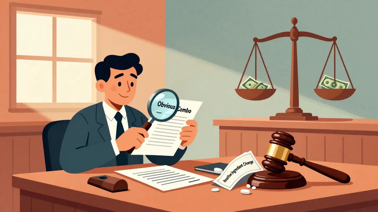 A courtroom scene where a lawyer exposes weak drug combination patents under a magnifying glass.