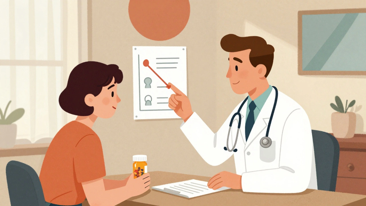 A doctor and patient discussing symptoms with a chart showing improvement in a 1960s-style medical office.