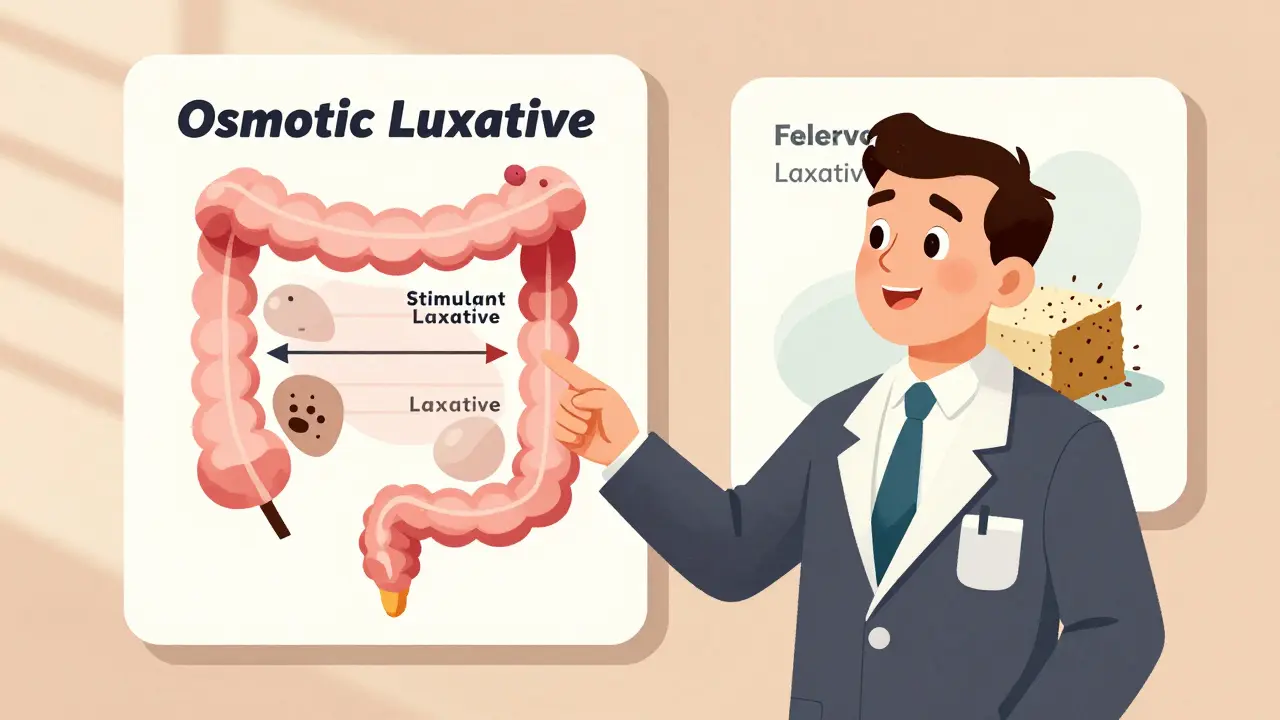 A doctor explains constipation treatment using a retro-style colon chart with labeled laxatives.