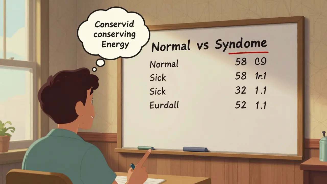 A doctor explains thyroid lab results on a retro whiteboard beside a calm patient.