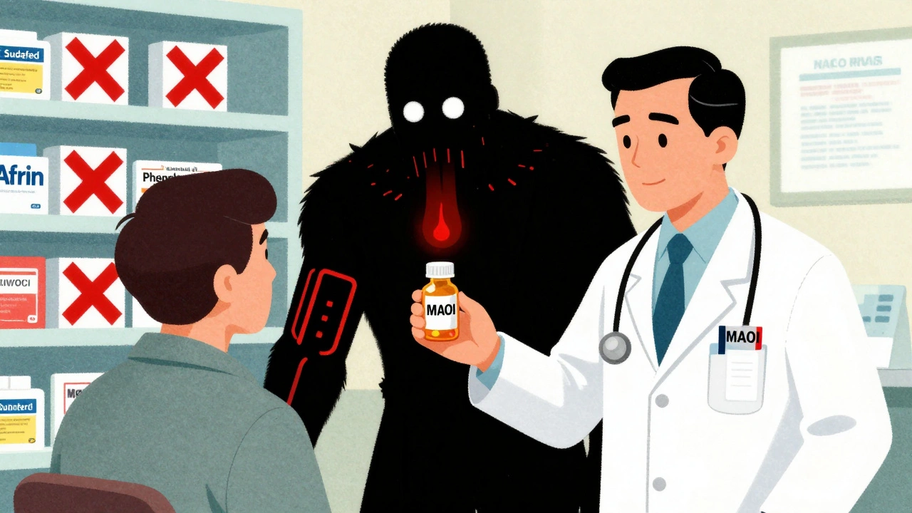 A doctor gives an MAOI prescription while dangerous cold medicines are marked with red Xs and an alert card is visible.