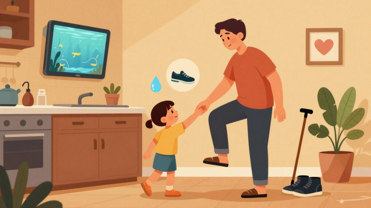 A family practicing balance at home near a retro kitchen, with a VR aquatic scene on the wall and supportive equipment nearby.