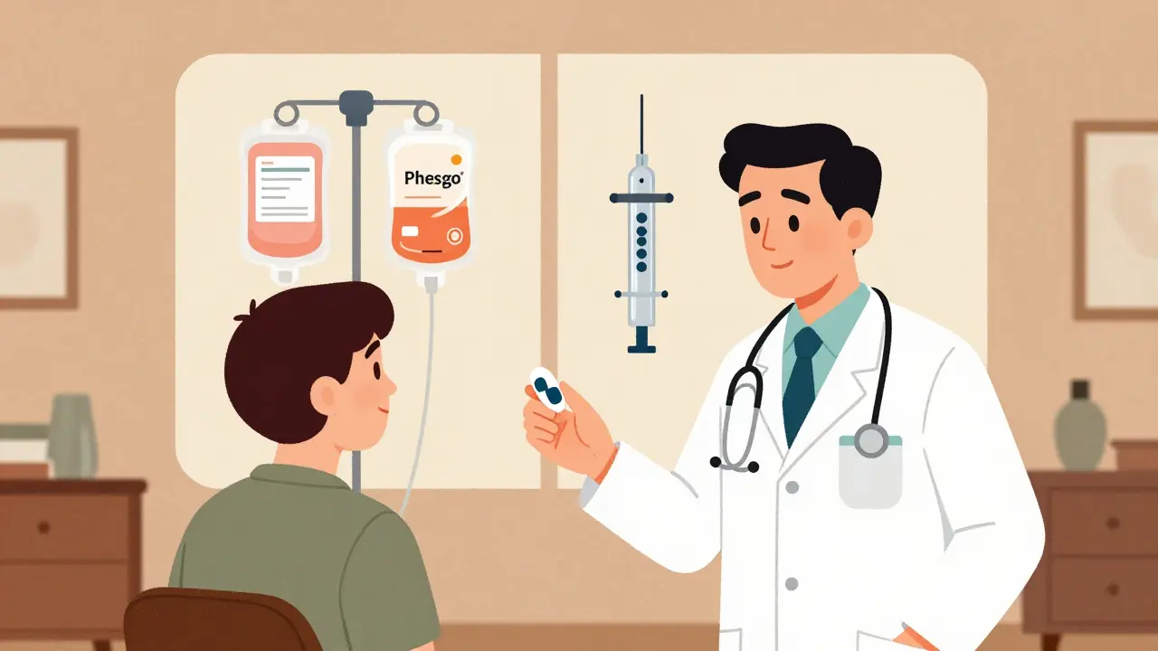 A patient receives a combined drug pill, contrasted with older IV treatments in the background.