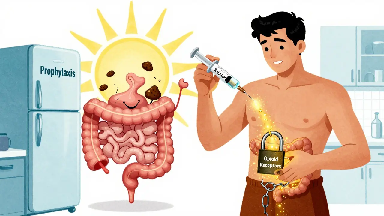 A patient receives Relistor as opioid blockers dissolve, restoring healthy gut movement.