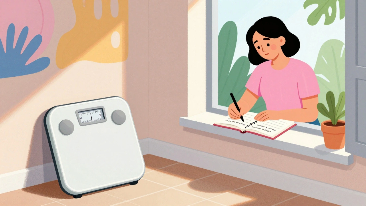 A woman writing non-scale victories in a notebook while a scale sits ignored in the corner.