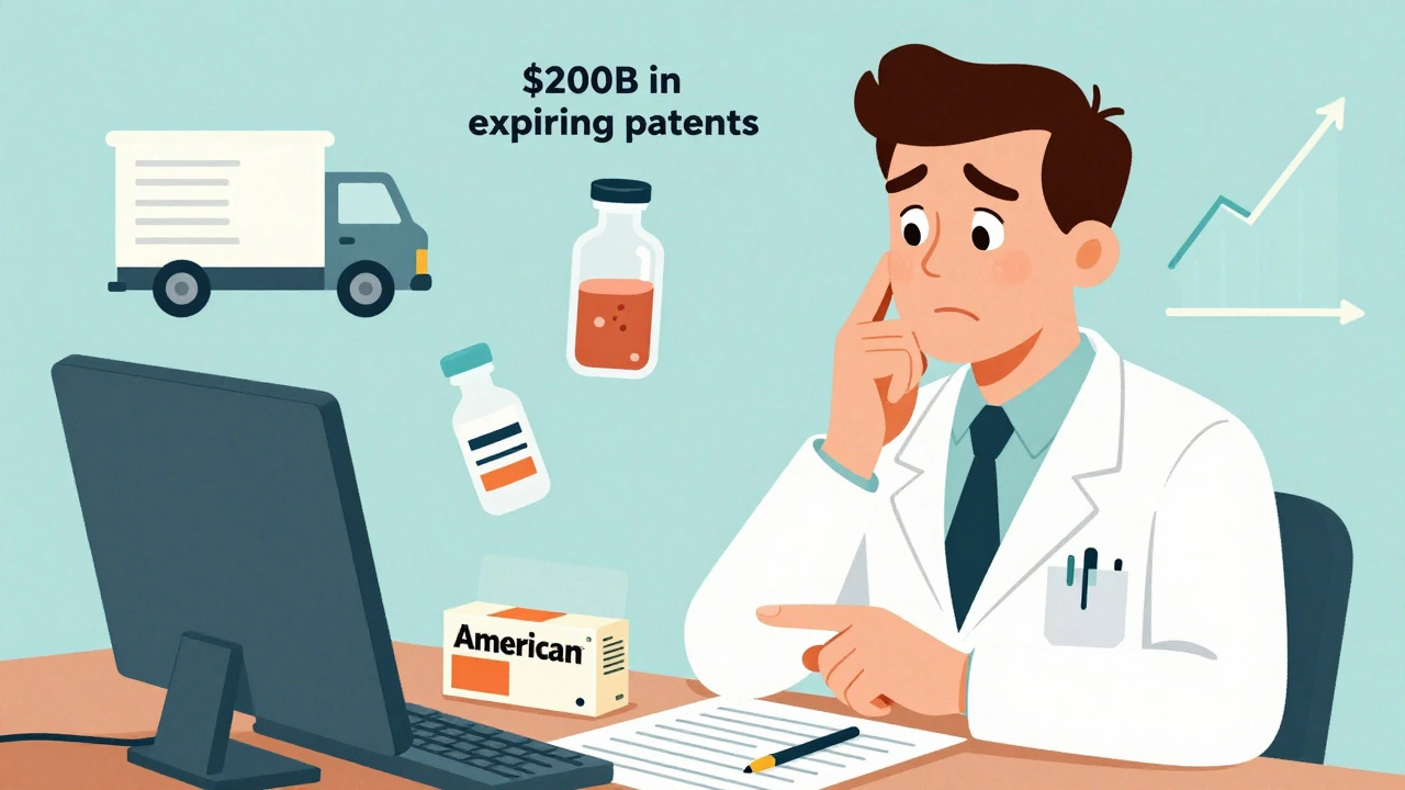 American doctor torn between brand-name and generic medication, with icons of supply issues and patent expirations floating nearby.