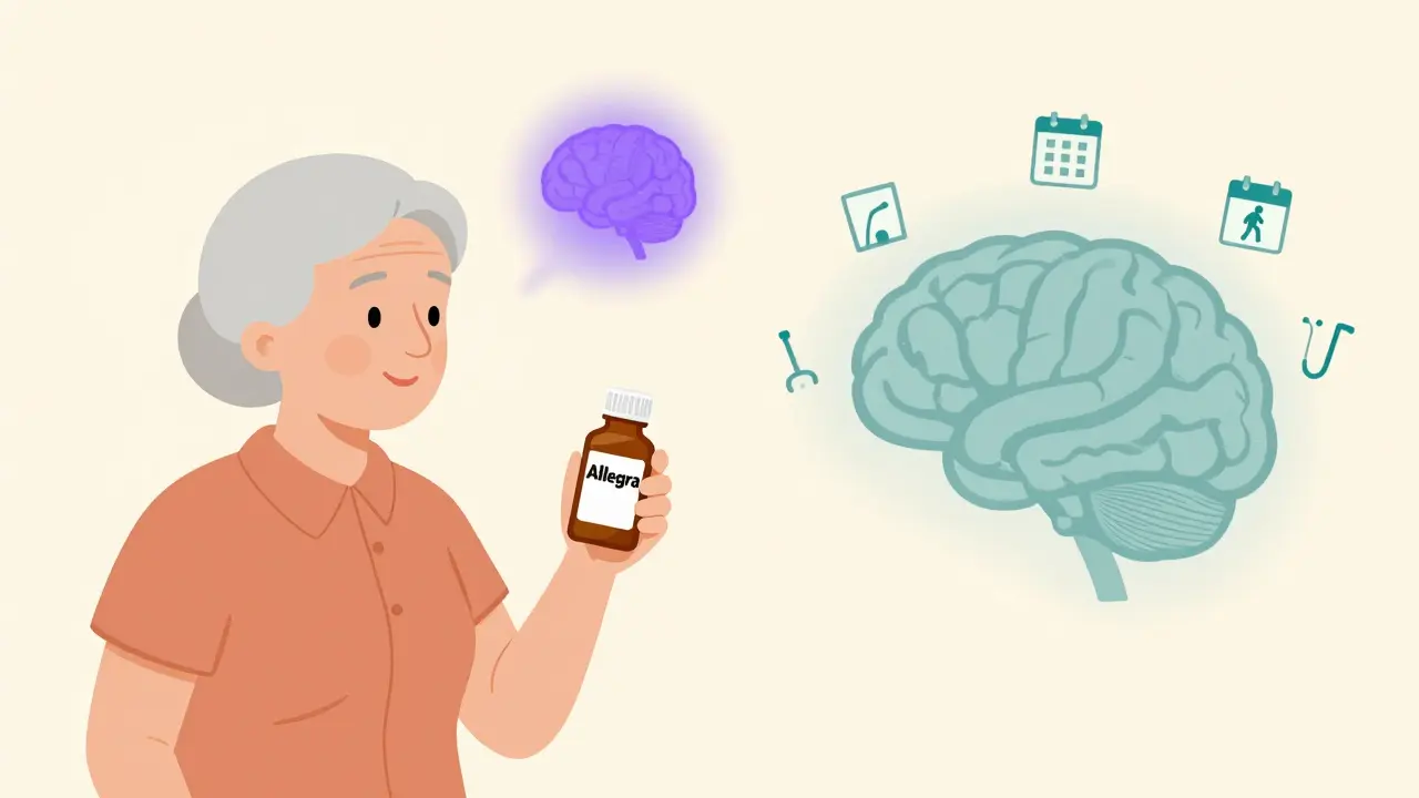 An elderly woman holding Allegra, with a clear brain beside a foggy one, symbolizing safer cognitive impact.